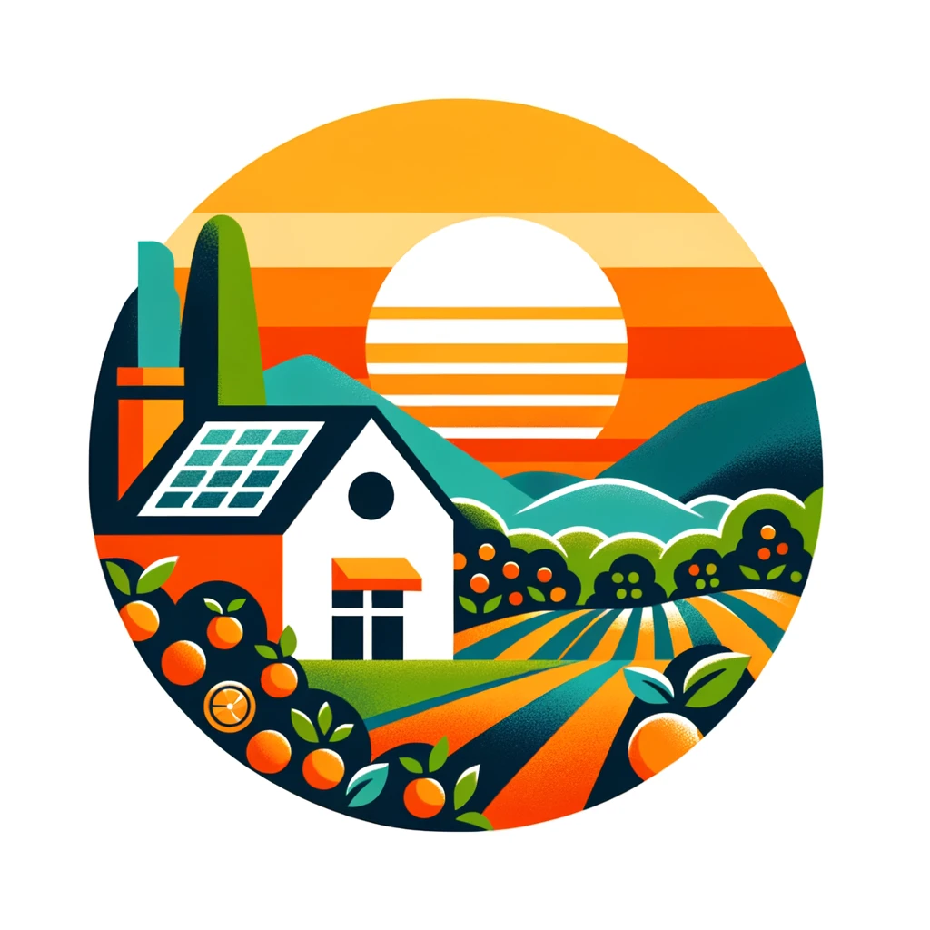 A vibrant illustration of a sustainable farm with solar panels, depicting a harmonious blend of agriculture and renewable energy in a circular, sun-drenched landscape, designed to reduce your power bill and prove cheaper than Socal Edison