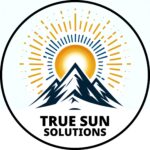 A circular logo featuring an illustration of a sun rising behind snowy mountains, with light rays spreading outward, and the words "True Sun Solutions - Lower My Power Bill" at the bottom.