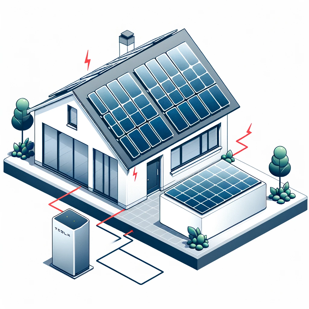 An isometric illustration of a modern home equipped with Inland Empire solar panels on the roof and a Tesla Powerwall battery storage unit, indicating a sustainable and green energy system cheaper than SoCal Edison.